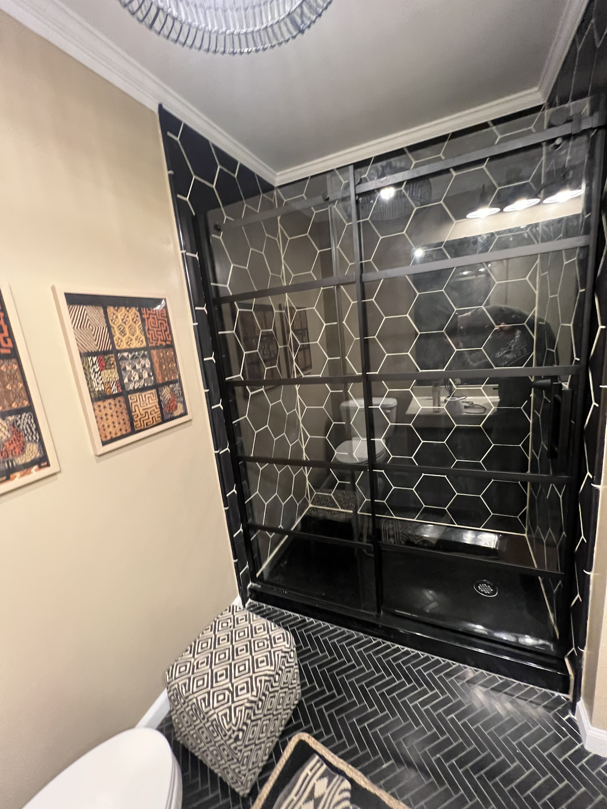 Completed black tiled shower remodel by Marco's Home Improvement & Remodeling